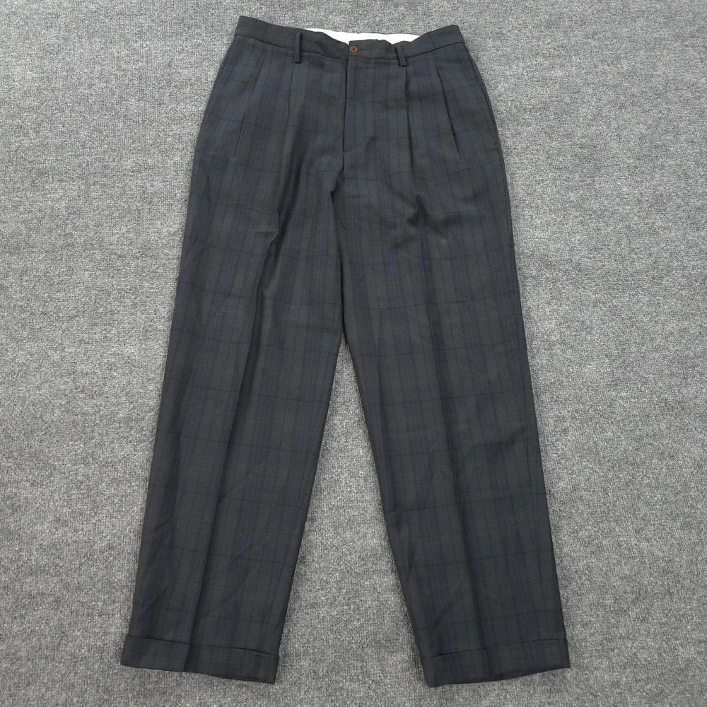 Banana Republic Pants Mens 35x33 Blue Tartan Plaid Wool Cuffed‎ Dress Italy